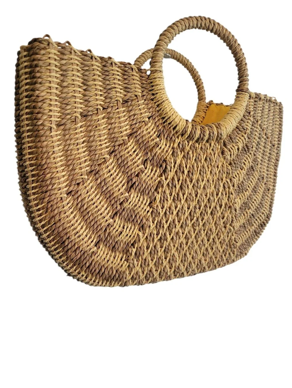 Vintage Sun-N-Sand Woven Straw Half Moon Tote Beach Bag Round Handle Boho - Picture 1 of 14